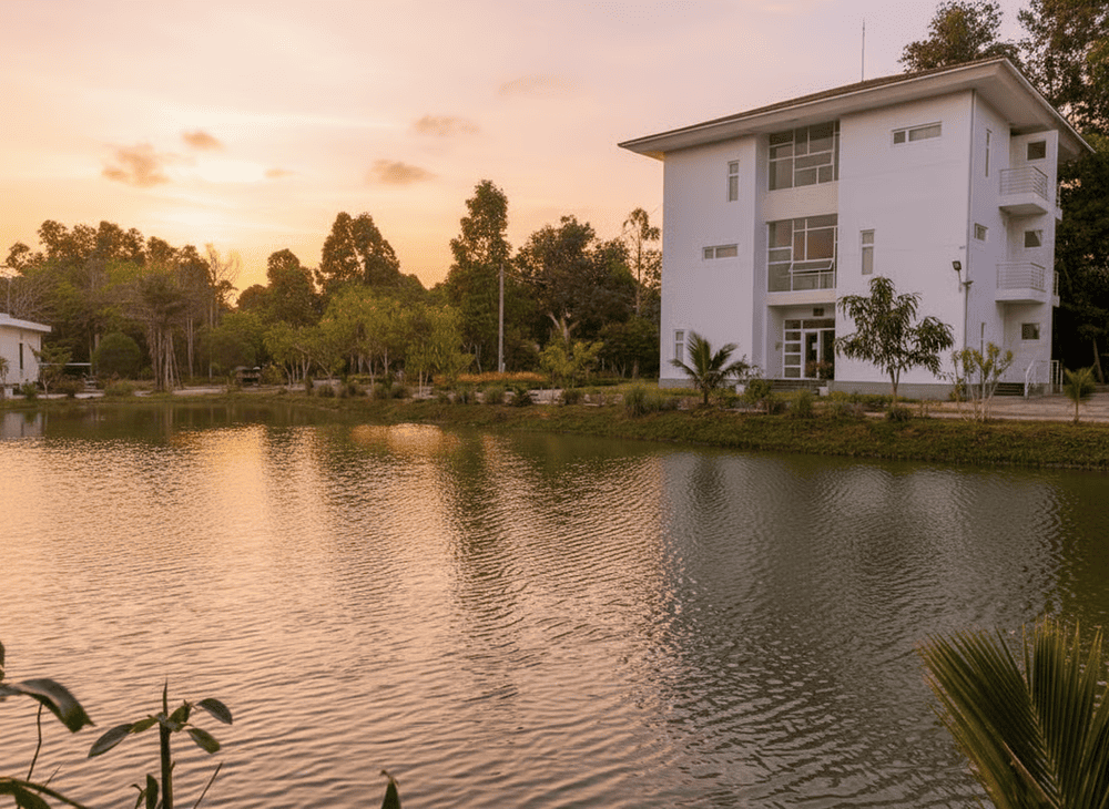 Khu vực khách sạn tại khu du lịch Hầm Hô với view hướng hồ